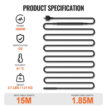 Self-regulating pipe heating cable 15m 16W/m heating tape for pipe roof