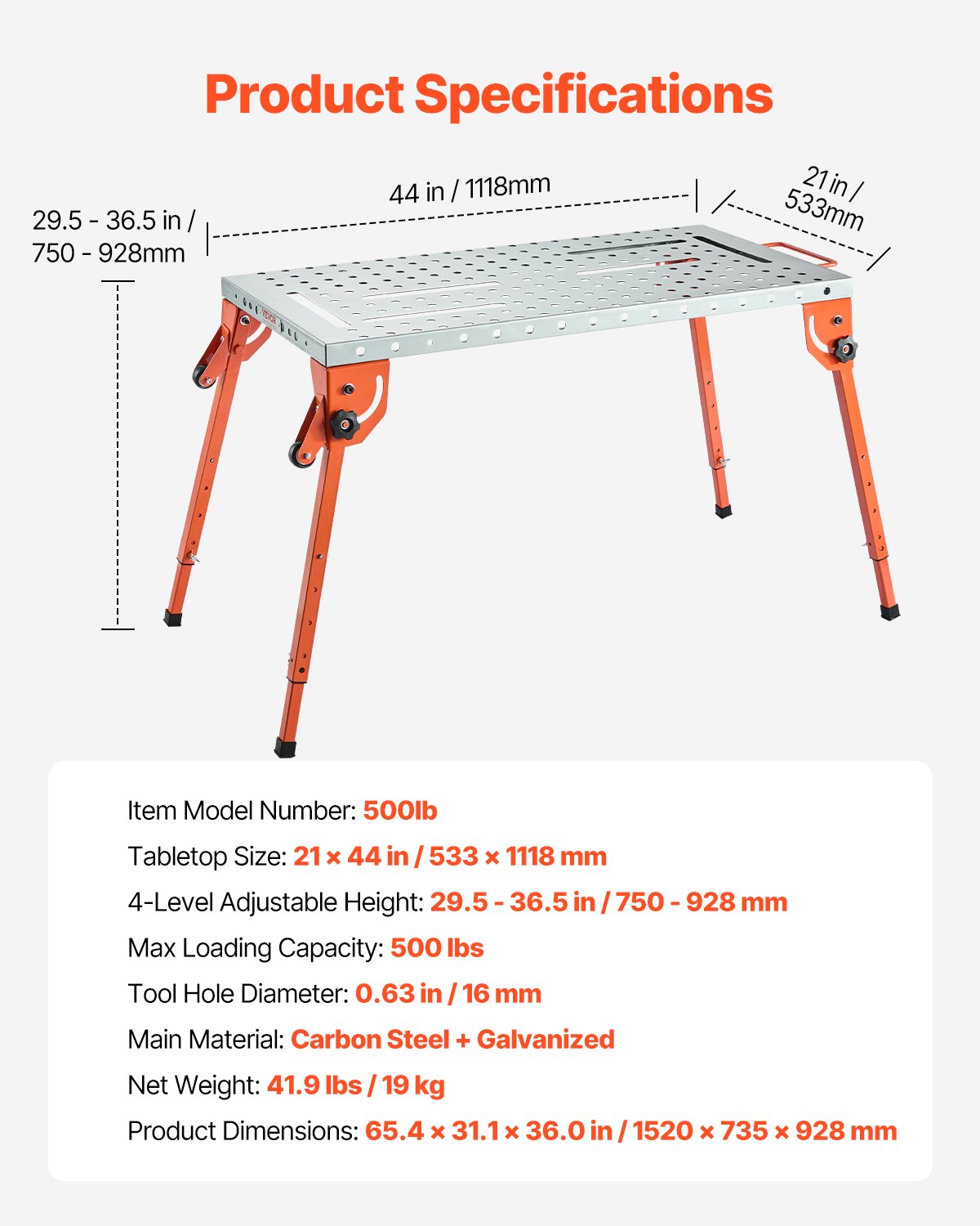 Svetsbord 44" x 21" 500LBS hopfällbar arbetsbänk med 4-nivå justerbar höjd