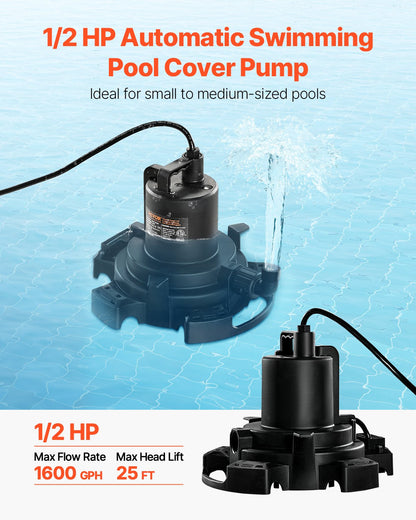 Automatic Pool Cover Pump, 1/2 HP 1600 GPH, 120V Submersible Swimming Pool Cover Pump with 25 ft Power Cord, 25 ft Max Head Lift, Water Removal and Transfer Pump, for Pool Draining Hot Tubs