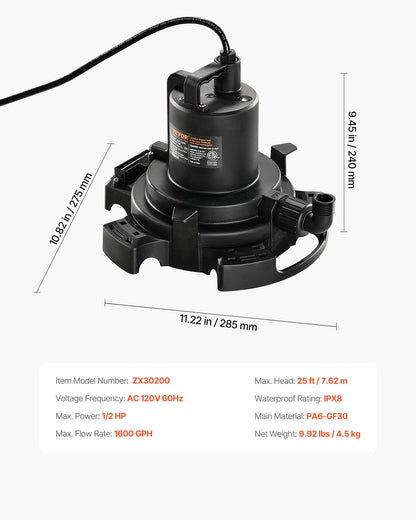 Automatic Pool Cover Pump, 1/2 HP 1600 GPH, 120V Submersible Swimming Pool Cover Pump with 25 ft Power Cord, 25 ft Max Head Lift, Water Removal and Transfer Pump, for Pool Draining Hot Tubs