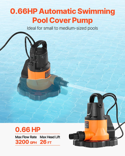 Automatic Pool Cover Pump, 0.66 HP 3200 GPH, 120V Submersible Swimming Pool Cover Pump with 25 ft Power Cord, 26 ft Max Head Lift, Water Removal and Transfer Pump, for Pool Draining Hot Tubs