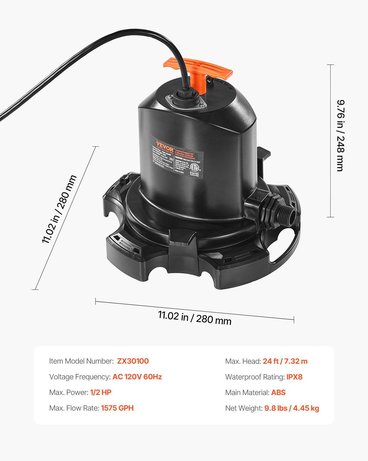 Pool Cover Pump, 1/2 HP 1575 GPH, 120V Submersible Swimming Pool Cover Pump with 25 ft Power Cord, 24 ft Max Head Lift, Water Removal and Transfer Pump, for Pool Draining Inflatable Water Parks
