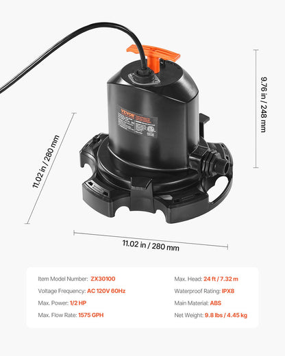 Pool Cover Pump, 1/2 HP 1575 GPH, 120V Submersible Swimming Pool Cover Pump with 25 ft Power Cord, 24 ft Max Head Lift, Water Removal and Transfer Pump, for Pool Draining Inflatable Water Parks