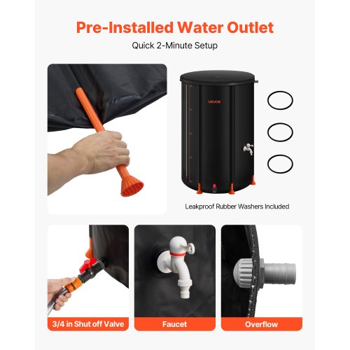 Hopfällbar regntunna, 380 l bärbar regnvattentunna, 1000D PVC regnvattenuppsamlingssystem, trädgårdsvattenbehållare med kran och överfyllningskit, svart |  EU