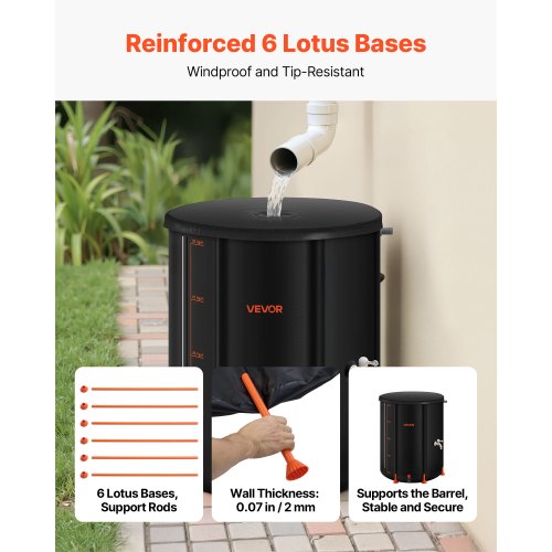 Hopfällbar regntunna, 201 l bärbar regnvattentunna, 1000D PVC regnvattenuppsamlingssystem, trädgårdsvattenbehållare med kran och överfyllningskit, svart |  EU