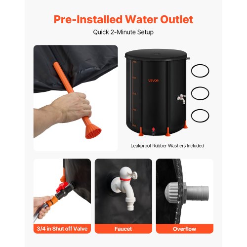 Hopfällbar regntunna, 201 l bärbar regnvattentunna, 1000D PVC regnvattenuppsamlingssystem, trädgårdsvattenbehållare med kran och överfyllningskit, svart |  EU