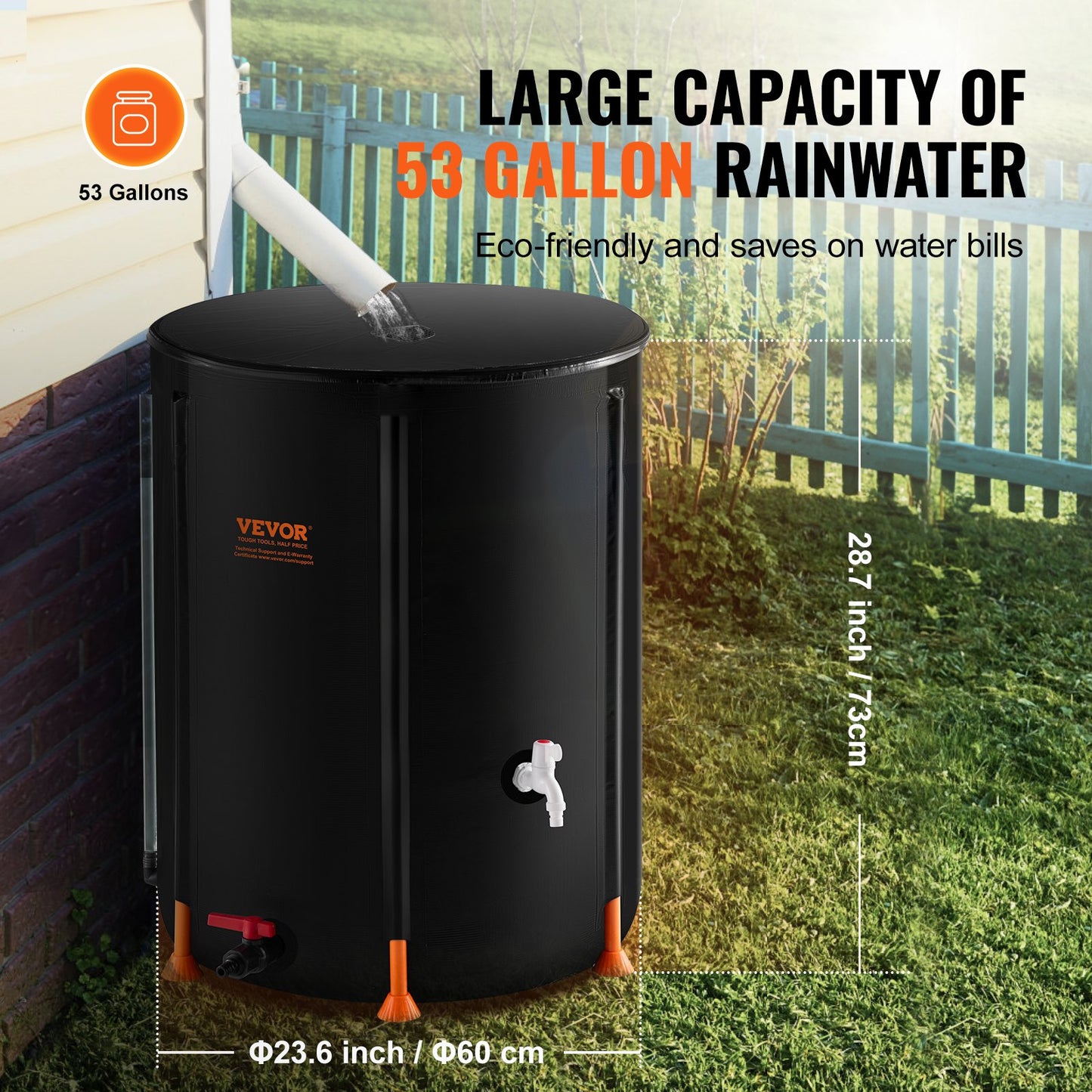 Collapsible Rain Barrel, 53 Gallon/201 L Portable Rain Water Collection Barrel, PVC Rainwater Collection System with Spigots and Overflow Kit, Water Barrel for Garden Water Catcher
