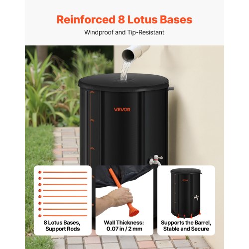 Hopfällbar regntunna, 250 l bärbar regnvattentunna, 500D PVC regnvattenuppsamlingssystem, trädgårdsvattenbehållare med kran och överfyllningskit, svart |  EU