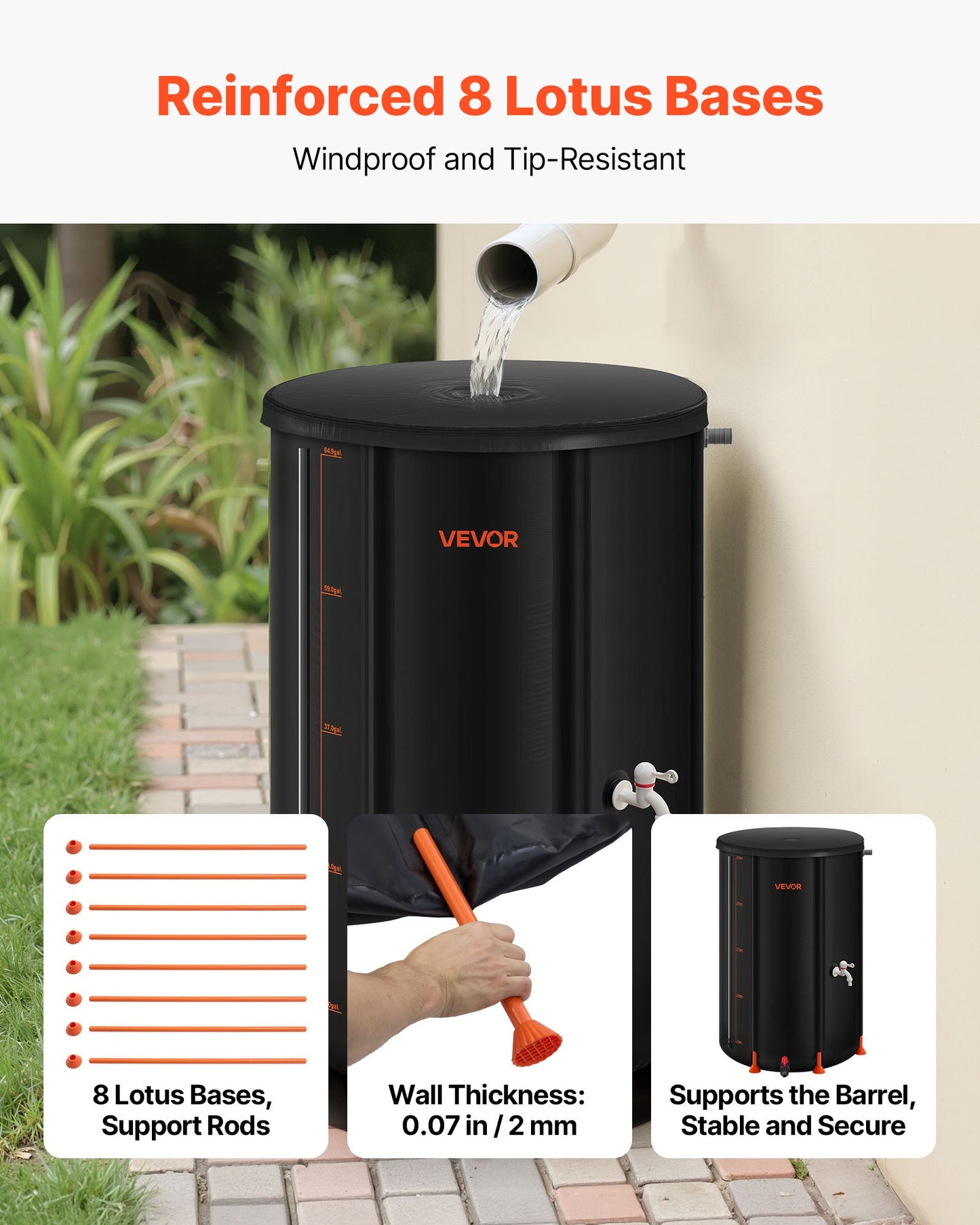 Collapsible Rain Barrel, 66 Gallon Portable Rain Water Collection Barrel, 500D PVC Rainwater Collection System, Garden Water Catcher Tank Storage Container with Spigot & Overflow Kit, Black