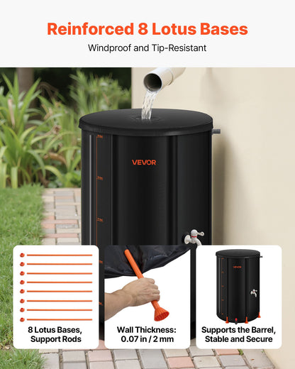 Collapsible Rain Barrel, 66 Gallon Portable Rain Water Collection Barrel, 500D PVC Rainwater Collection System, Garden Water Catcher Tank Storage Container with Spigot & Overflow Kit, Black