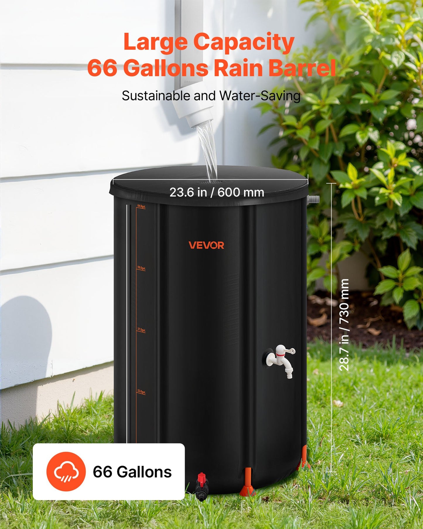 Collapsible Rain Barrel, 66 Gallon Portable Rain Water Collection Barrel, 500D PVC Rainwater Collection System, Garden Water Catcher Tank Storage Container with Spigot & Overflow Kit, Black
