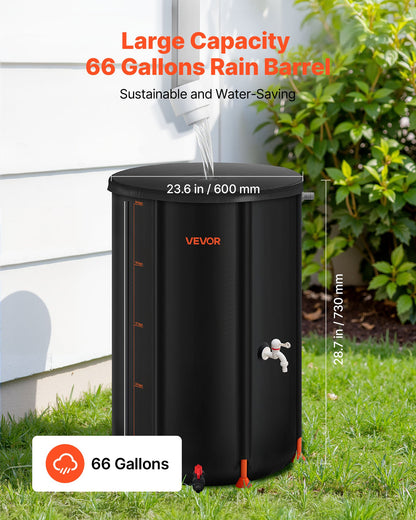 Collapsible Rain Barrel, 66 Gallon Portable Rain Water Collection Barrel, 500D PVC Rainwater Collection System, Garden Water Catcher Tank Storage Container with Spigot & Overflow Kit, Black