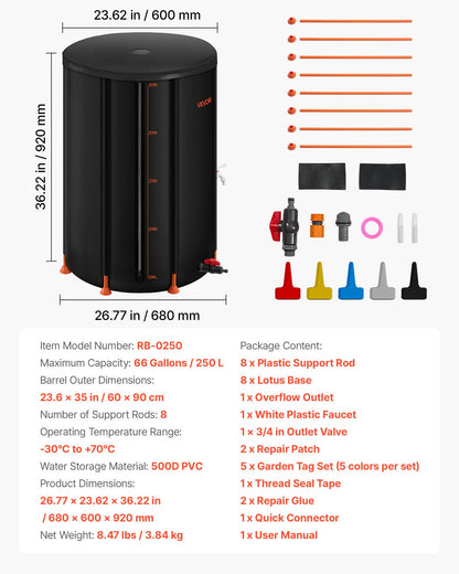 Collapsible Rain Barrel, 66 Gallon Portable Rain Water Collection Barrel, 500D PVC Rainwater Collection System, Garden Water Catcher Tank Storage Container with Spigot & Overflow Kit, Black