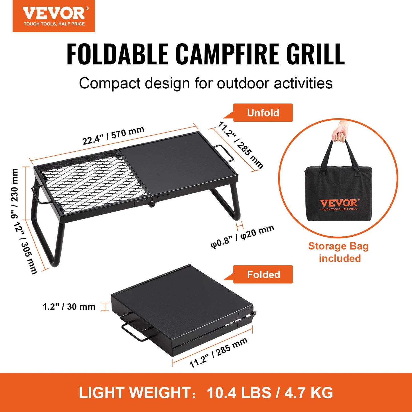 Folding Campfire Grill, Heavy Duty Steel Mesh Grill, 57 cm Portable Camping Grill Over the Fire Pit, Campfire Cooking Equipment with Leg Carry Bag, Grill Stand for Outdoor Cooking with Open Flame