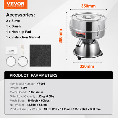 Automatic Electric Vibrating Sieve, Stainless Steel Sifter Shaker Machine with 10+60 Mesh, 45W Automatic Powder Sifter Machine Countertop, Electric Sieve Shaker for Flour Powers, Mungbean, Rice