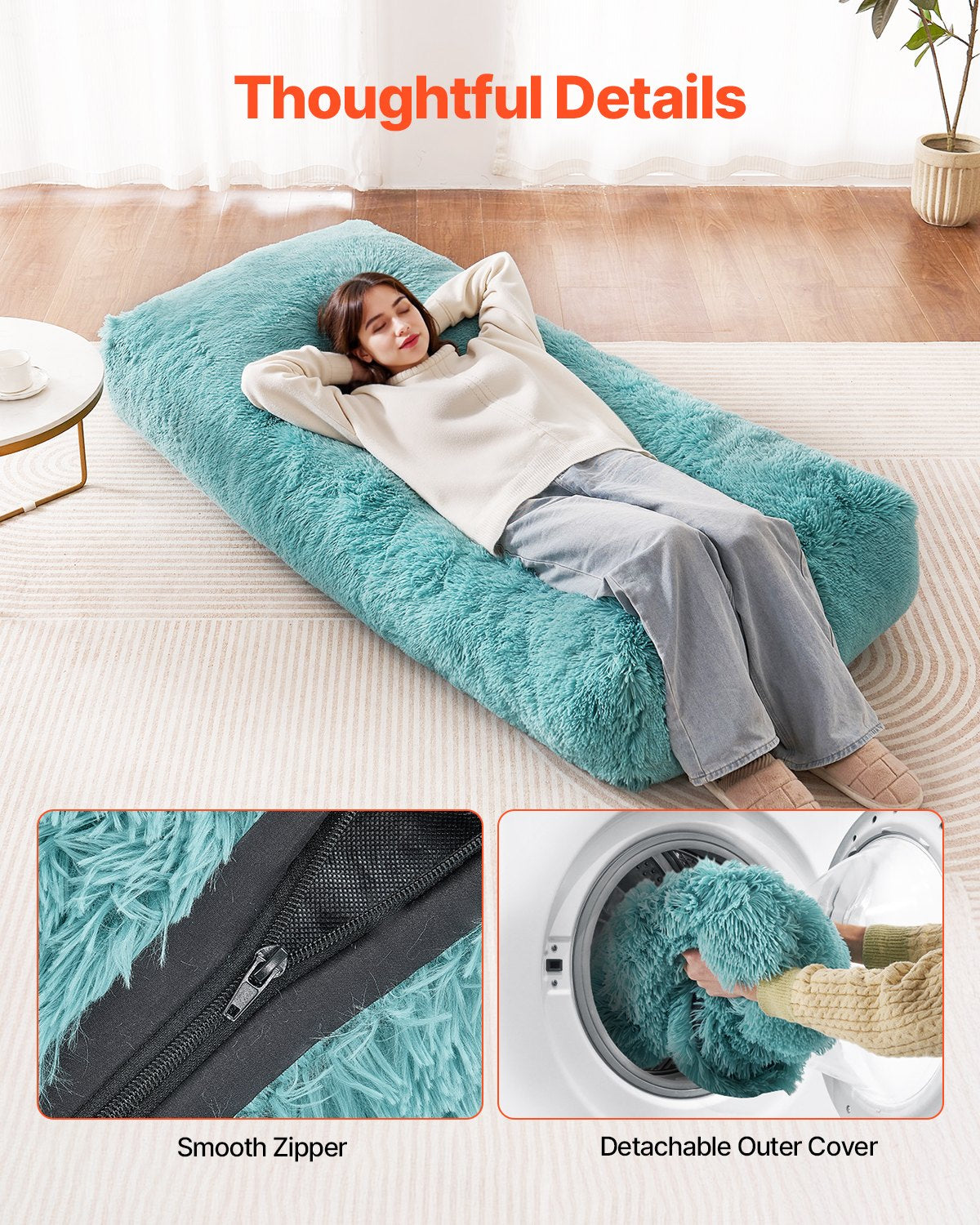 Bean Bag Chair, Giant BeanBag Chair with Removable & Washable Cover for Adults, Fluffy Plush & High-Density Foam Filling Floor Adult Bean Bag with Zapper, Ideal for Living Room, Bedroom, Blue