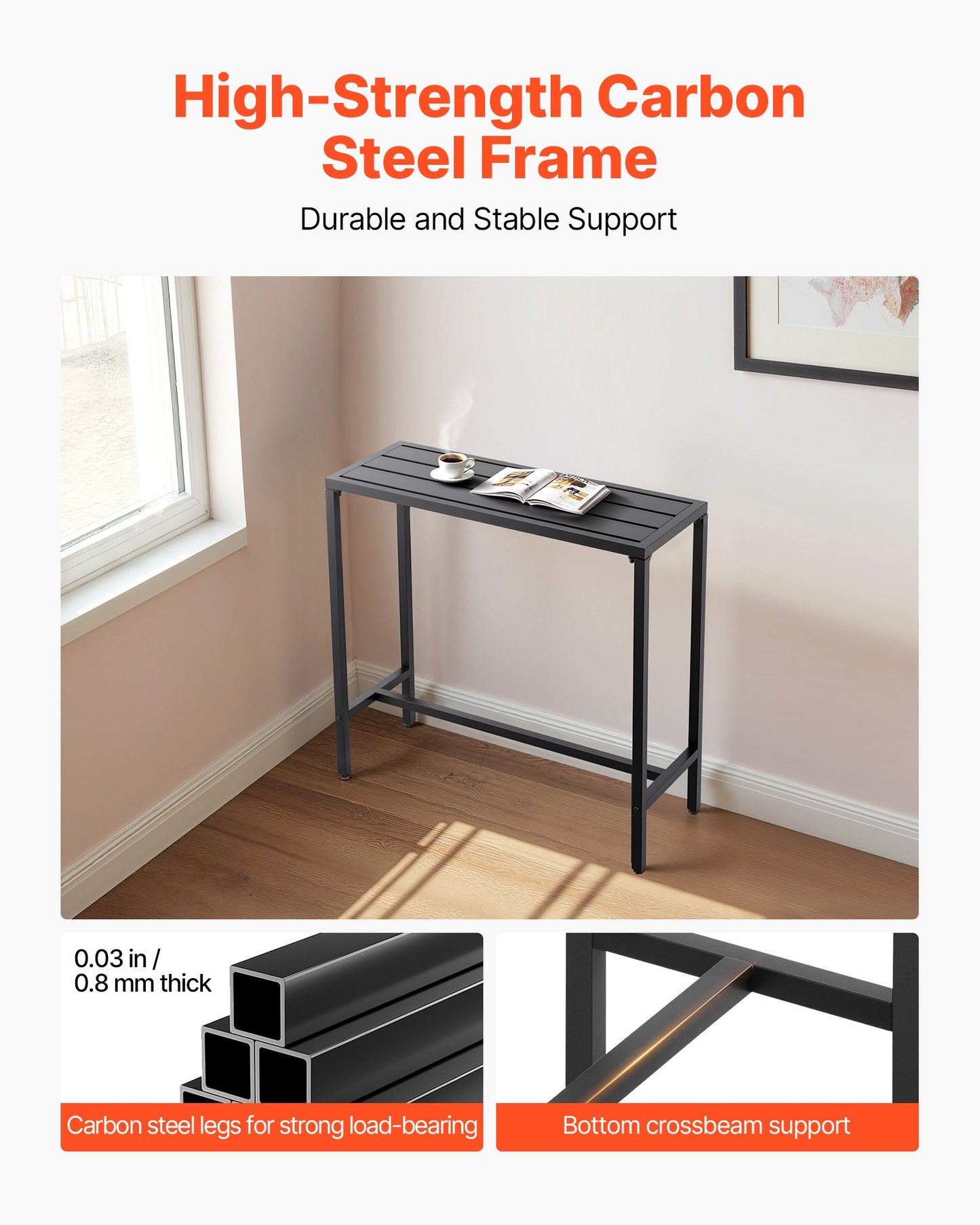 Outdoor Bar Table, 39.4 x 15 in Patio Bar Table, Waterproof Top & Sturdy Metal Frame, Rectangle Counter Height Dining Tables, Outdoor Furniture for Balcony, Yard, Hot Tub, Poolside, Indoor