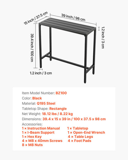 Outdoor Bar Table, 39.4 x 15 in Patio Bar Table, Waterproof Top & Sturdy Metal Frame, Rectangle Counter Height Dining Tables, Outdoor Furniture for Balcony, Yard, Hot Tub, Poolside, Indoor
