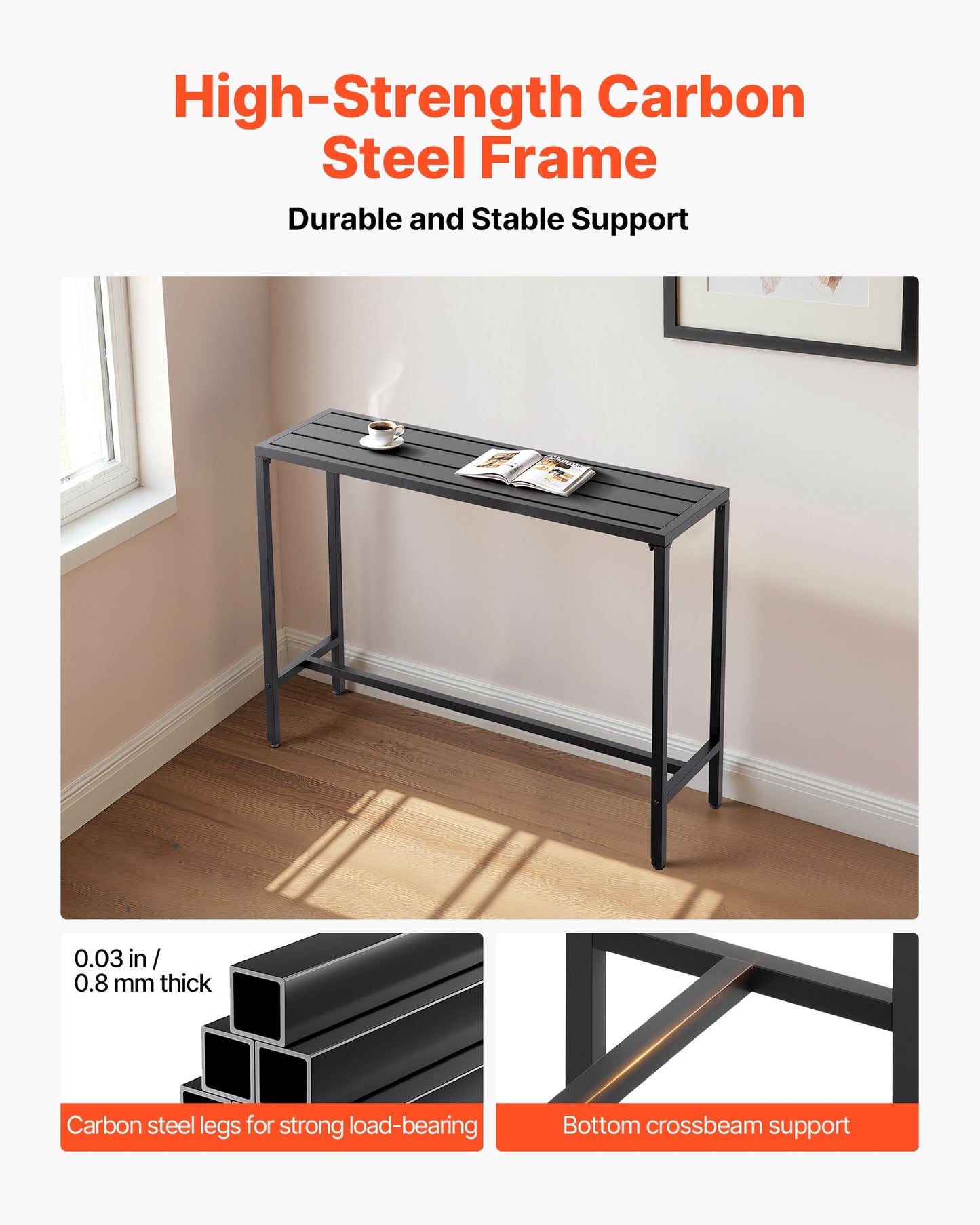 Outdoor Bar Table, 47 x 15 in Patio Bar Table, Waterproof Top & Sturdy Metal Frame, Rectangle Counter Height Dining Tables, Outdoor Furniture for Balcony, Yard, Hot Tub, Poolside, Indoor