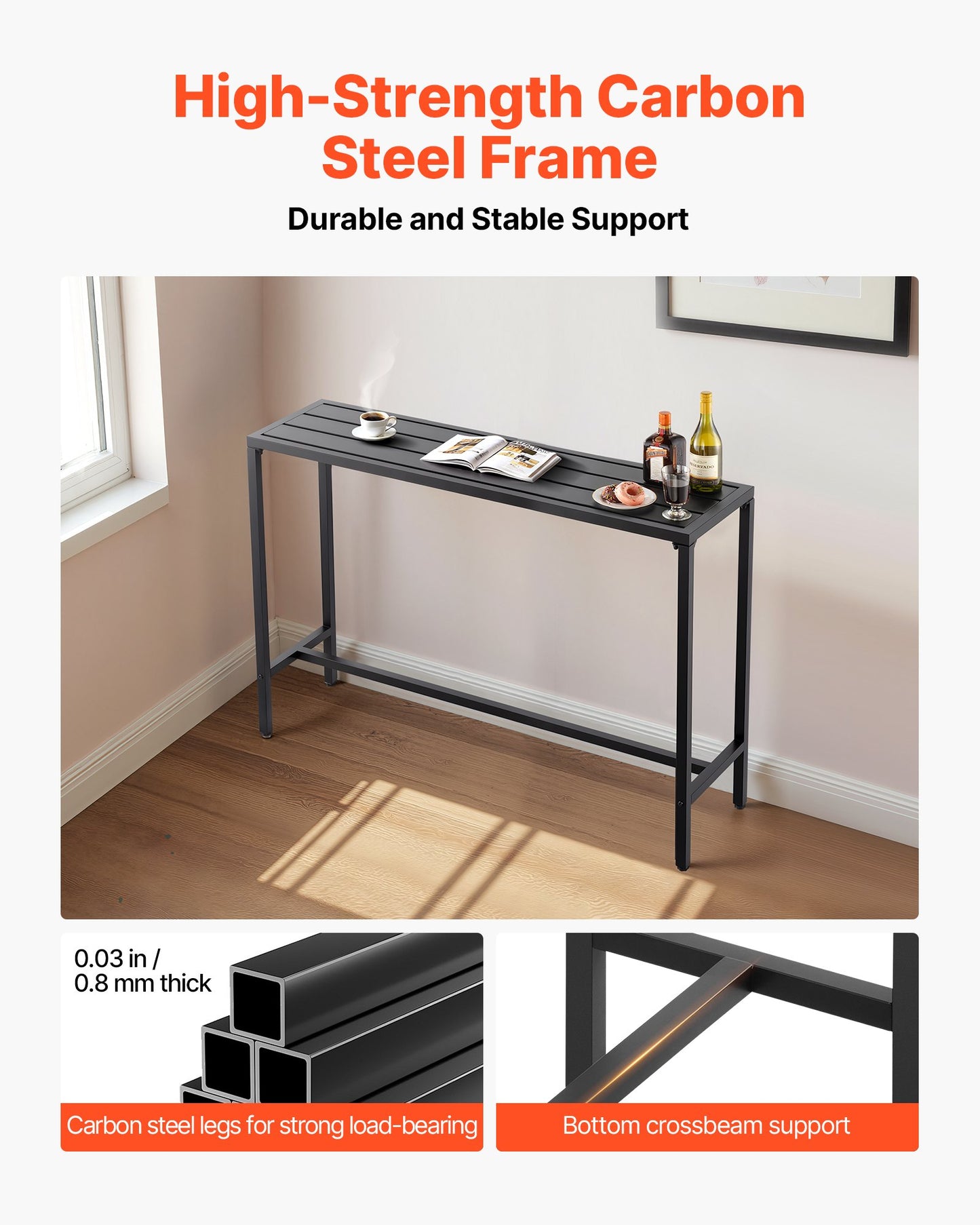 Outdoor Bar Table, 55 x 15 in Patio Bar Table, Waterproof Top & Sturdy Metal Frame, Rectangle Counter Height Dining Tables, Outdoor Furniture for Balcony, Yard, Hot Tub, Poolside, Indoor