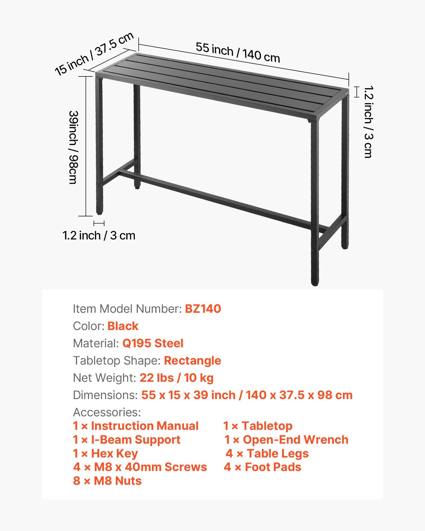 Outdoor Bar Table, 55 x 15 in Patio Bar Table, Waterproof Top & Sturdy Metal Frame, Rectangle Counter Height Dining Tables, Outdoor Furniture for Balcony, Yard, Hot Tub, Poolside, Indoor