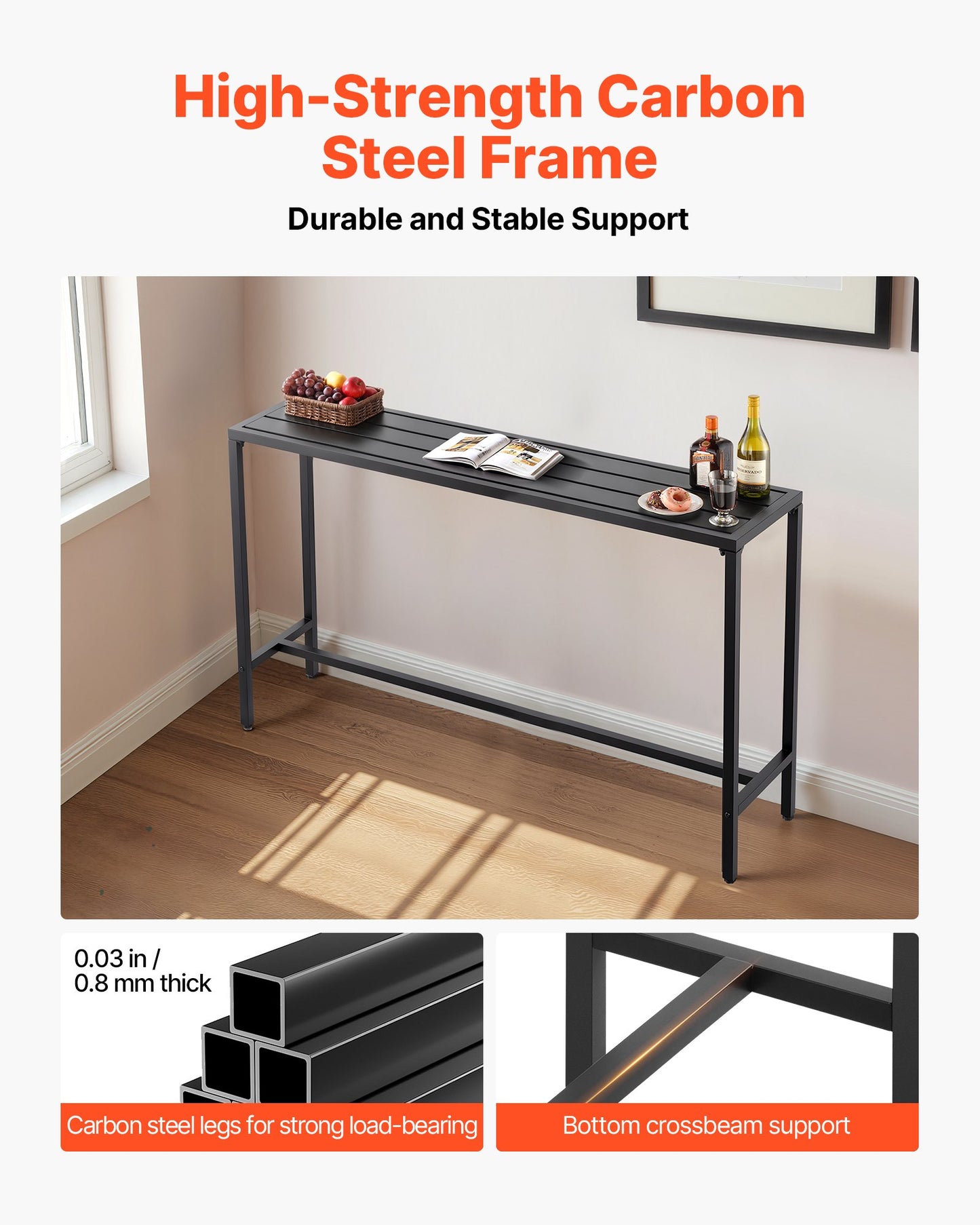 Outdoor Bar Table, 63 x 15 in Patio Bar Table, Waterproof Top & Sturdy Metal Frame, Rectangle Counter Height Dining Tables, Outdoor Furniture for Balcony, Yard, Hot Tub, Poolside, Indoor