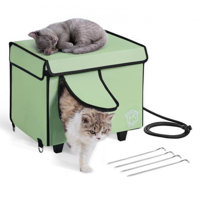 Elevated Heated Cat House, Cuboid Kitty Shelter with Adjustable Temperature and Timer, 900D Oxford Cloth Foldable Cat Shelter with Heated Pad for Winter to Stay Warm and Cozy, Green (Small)