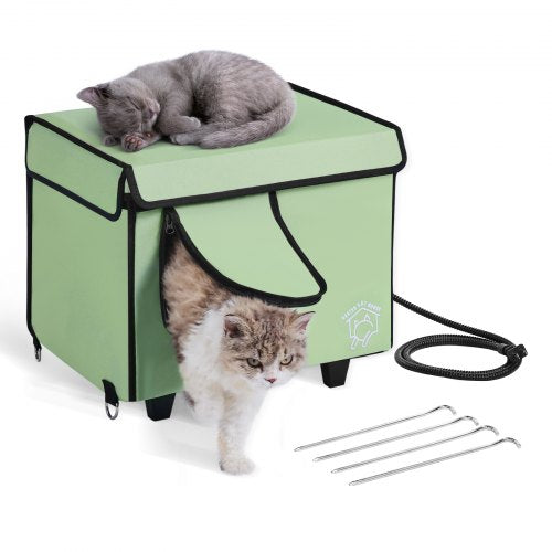 Elevated Heated Cat House, Cuboid Kitty Shelter with Adjustable Temperature and Timer, 900D Oxford Cloth Foldable Cat Shelter with Heated Pad for Winter to Stay Warm and Cozy, Green (Small)