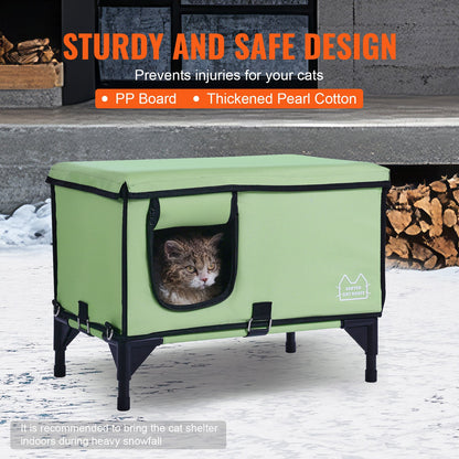 Elevated Heated Cat House, Cuboid Kitty Shelter with Adjustable Temperature and Timer, 900D Oxford Cloth Foldable Cat Shelter with Heated Pad for Winter to Stay Warm and Cozy, Green (Middle)
