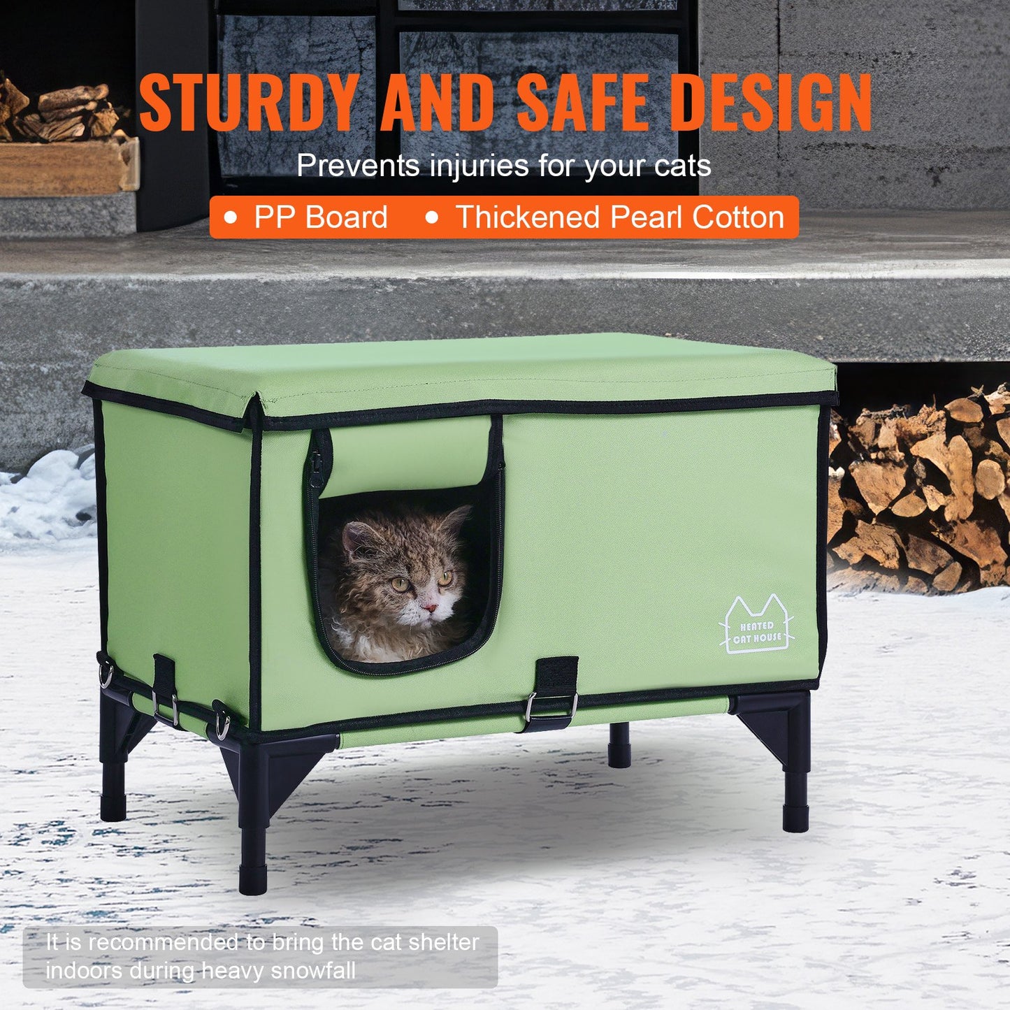 Elevated Heated Cat House, Cuboid Kitty Shelter with Adjustable Temperature and Timer, 900D Oxford Cloth Foldable Cat Shelter with Heated Pad for Winter to Stay Warm and Cozy, Green (Large)