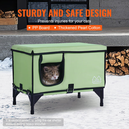 Elevated Heated Cat House, Cuboid Kitty Shelter with Adjustable Temperature and Timer, 900D Oxford Cloth Foldable Cat Shelter with Heated Pad for Winter to Stay Warm and Cozy, Green (Large)