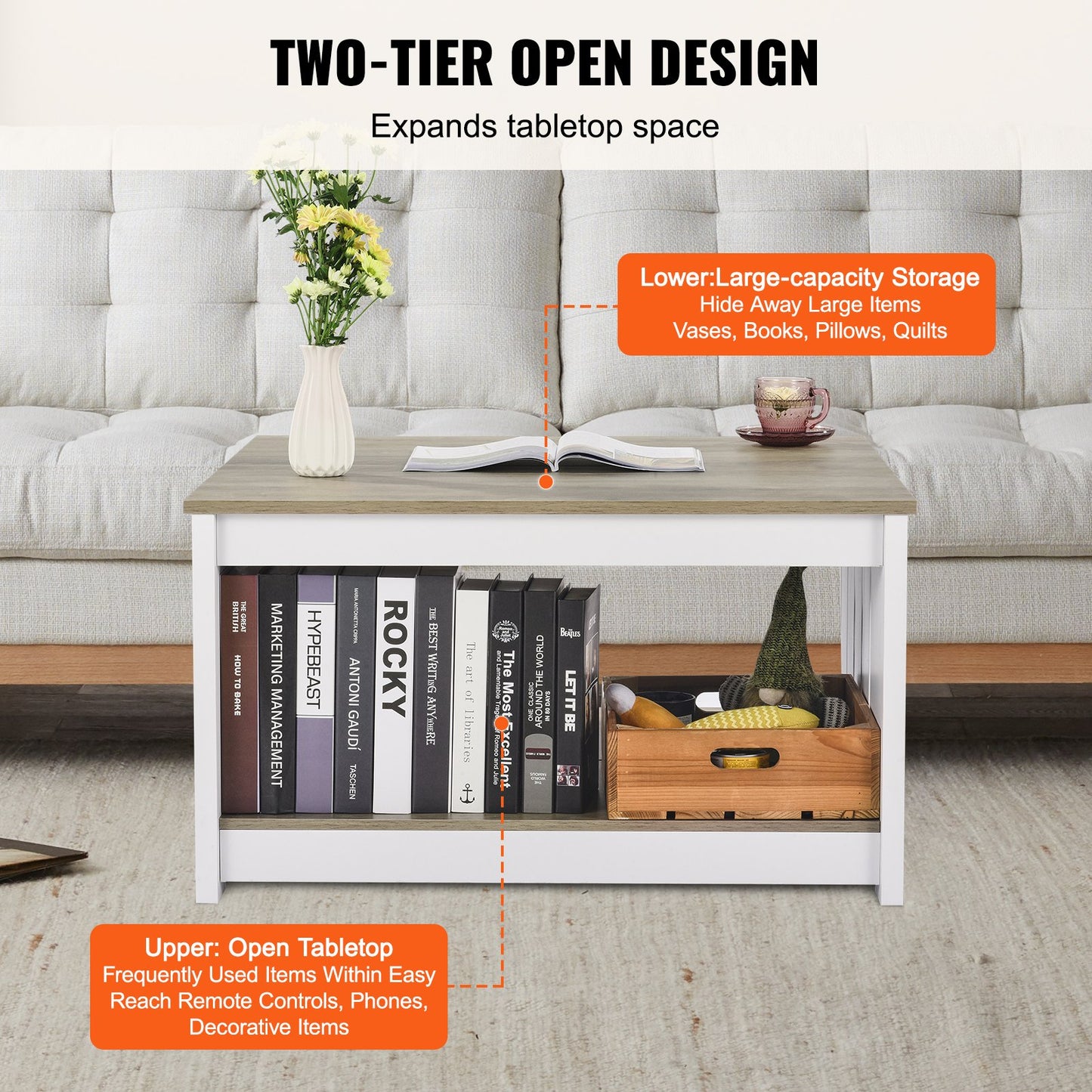 31.5" Farmhouse Coffee Table, Square Coffee Table with Open Storage Compartment, Wooden Rustic Cocktail Table for Living Room, Bedroom, Apartment, Studio, Gray & White