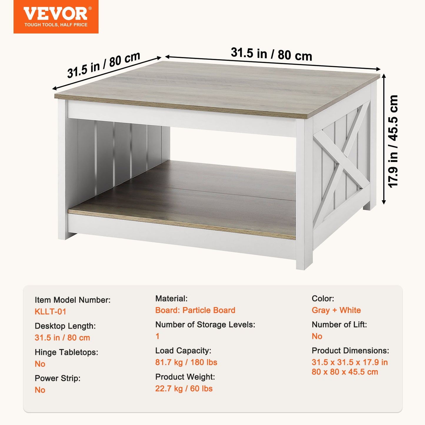 31.5" Farmhouse Coffee Table, Square Coffee Table with Open Storage Compartment, Wooden Rustic Cocktail Table for Living Room, Bedroom, Apartment, Studio, Gray & White