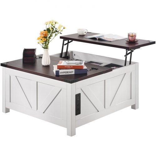 36" Farmhouse Coffee Table, Hinged Lift Top Square Coffee Table with Built-in Power Strip, Wooden Rustic Cocktail Table for Living Room, Bedroom, Apartment, Studio, Brown & White
