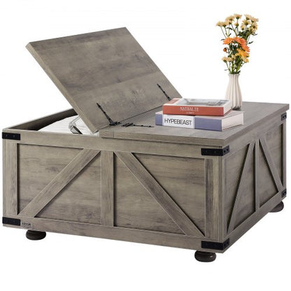 36" Farmhouse Coffee Table, Hinged Square Coffee Table with Large Storage Compartment, Wooden Rustic Cocktail Table for Living Room, Bedroom, Apartment, Studio, Beige