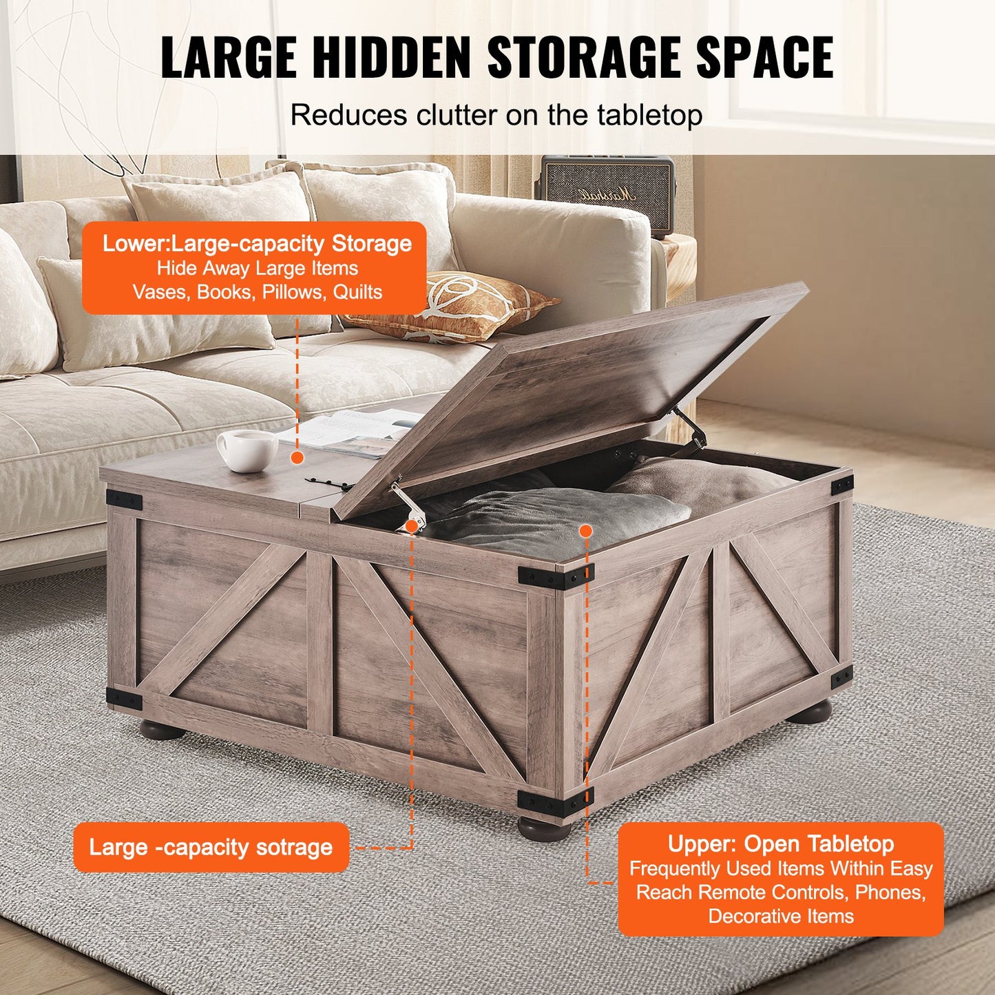 36" Farmhouse Couchtisch, klappbar, quadratisch, mit Stauraum, Beige