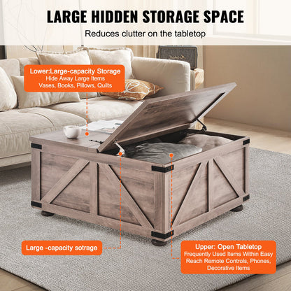 36" Farmhouse Couchtisch, klappbar, quadratisch, mit Stauraum, Beige