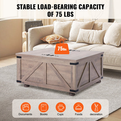 36" Farmhouse Couchtisch, klappbar, quadratisch, mit Stauraum, Beige