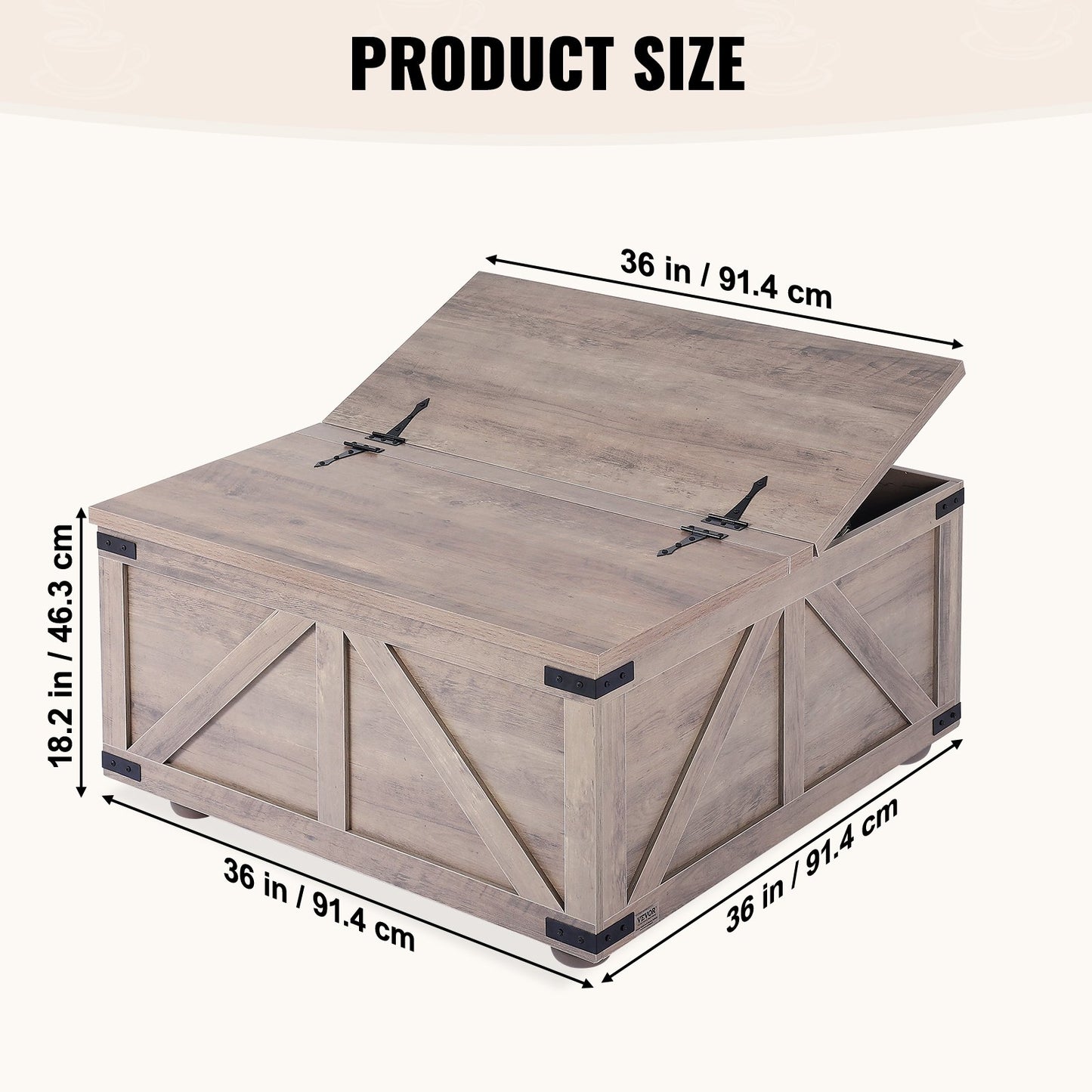 36" Farmhouse Couchtisch, klappbar, quadratisch, mit Stauraum, Beige