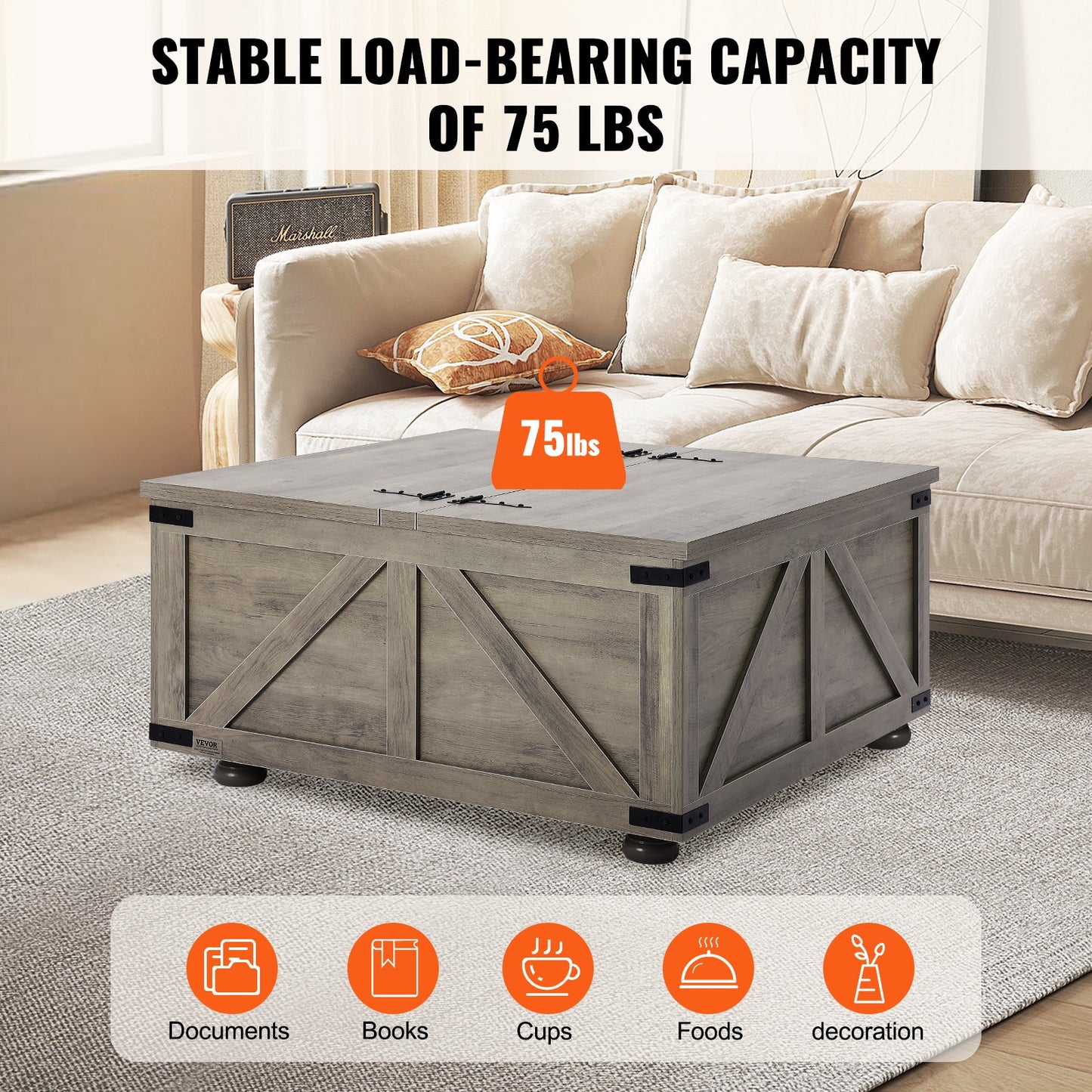 36" Farmhouse Coffee Table, Hinged Square Coffee Table with Large Storage Compartment, Wooden Rustic Cocktail Table for Living Room, Bedroom, Apartment, Studio, Beige