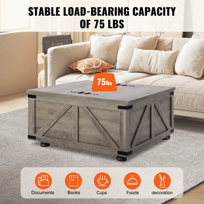 36" Farmhouse Coffee Table, Hinged Square Coffee Table with Large Storage Compartment, Wooden Rustic Cocktail Table for Living Room, Bedroom, Apartment, Studio, Beige