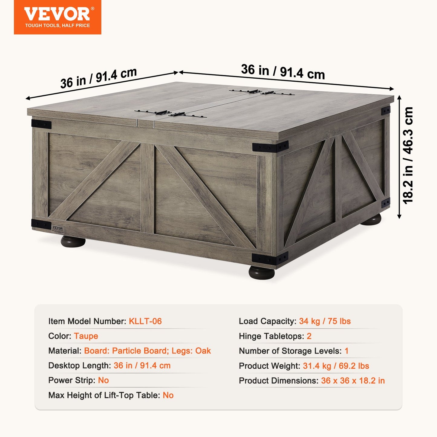 36" Farmhouse Coffee Table, Hinged Square Coffee Table with Large Storage Compartment, Wooden Rustic Cocktail Table for Living Room, Bedroom, Apartment, Studio, Beige