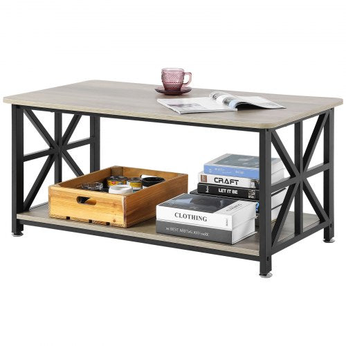 40" Farmhouse Coffee Table, Rectangle Coffee Table with Open Storage Compartment, Wooden Rustic Cocktail Table for Living Room, Bedroom, Apartment, Studio, Brown & Black