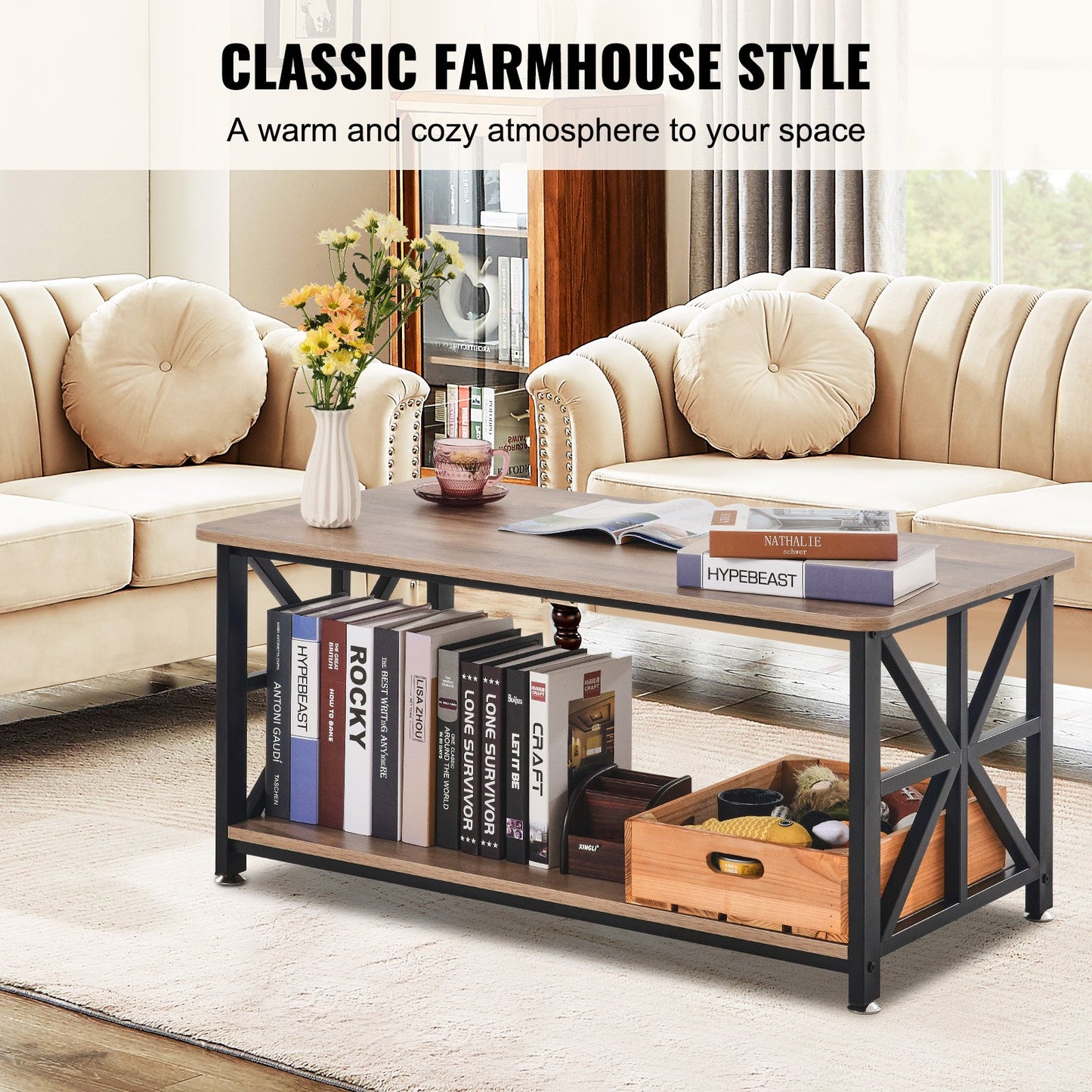 40" Farmhouse Coffee Table Rectangular Table with Open Storage Compartment