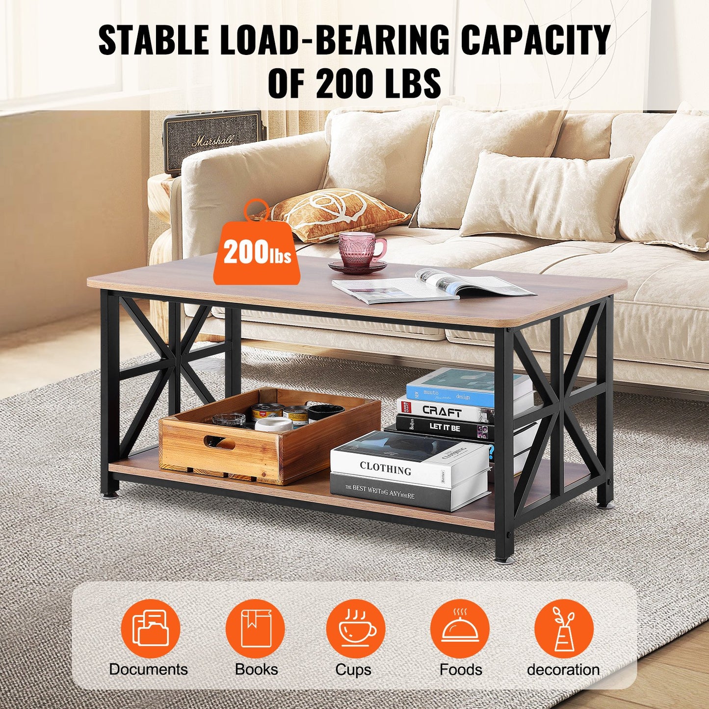 40" Farmhouse Coffee Table Rectangular Table with Open Storage Compartment