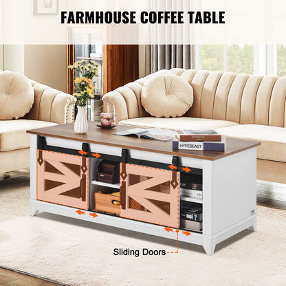 48" Farmhouse Couchtisch, 2-stufiger rechteckiger Tisch mit Schiebetüren im Scheunenstil