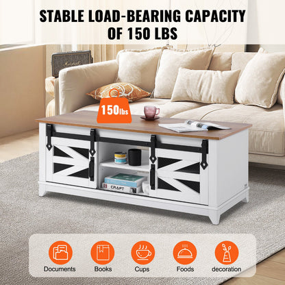 48" Farmhouse Couchtisch, 2-stufiger rechteckiger Tisch mit Schiebetüren im Scheunenstil