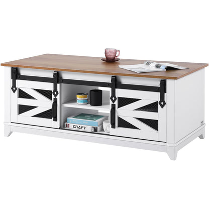 48" Farmhouse Couchtisch, 2-stufiger rechteckiger Tisch mit Schiebetüren im Scheunenstil