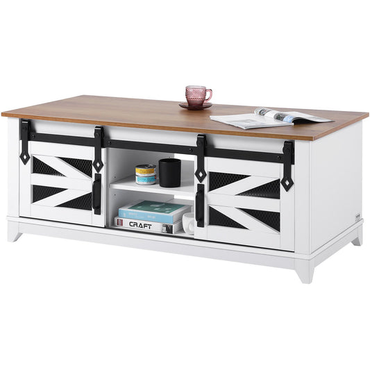 48" Farmhouse Couchtisch, 2-stufiger rechteckiger Tisch mit Schiebetüren im Scheunenstil