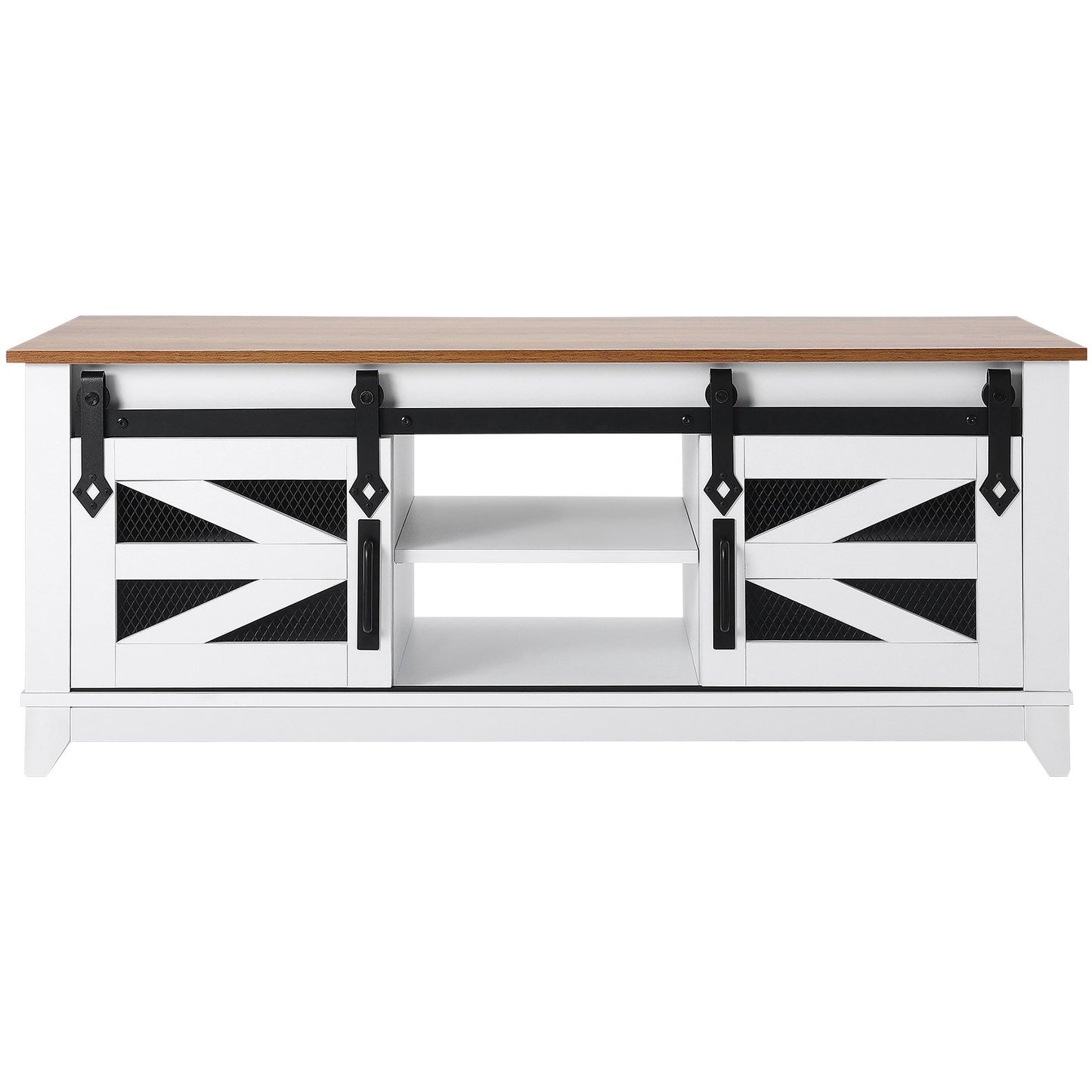 48" Farmhouse Couchtisch, 2-stufiger rechteckiger Tisch mit Schiebetüren im Scheunenstil